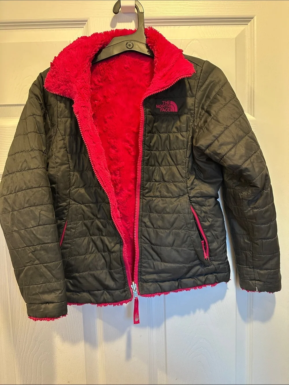 The North Face Girls Reversible Bright Red Plush Fleece Jacket